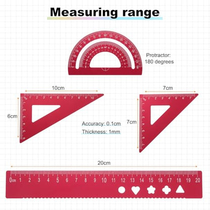 HARFINGTON 8pcs Triangular Ruler Set 20mm Aluminum Geometric Protractor Triangle Engineering Scale Drafting Ruler Kit for Office Home, Blue Red - size: 20mm
