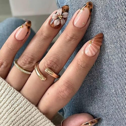 Almond Press on Nails Medium Brown Fake Nail3D Flowers Designs Acrylic Nail Press ons Stick on Nails for Women 24pcs - color: Brown