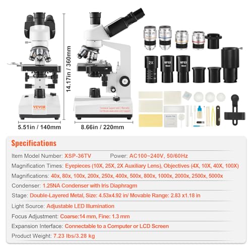VEVOR Compound Trinocular Microscope, 40X-5000X Magnification Trinocular Compound Lab Microscope with Two-Layer Mechanical Stage, LED Illumination, External Interface and Microscope Slides Included - style: C
