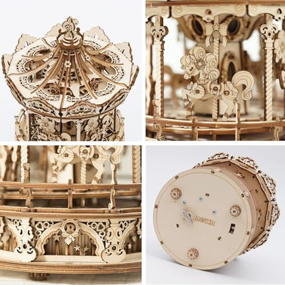 ROKR 3D Wooden Puzzles Music Box - DIY Model Building Kit Mechanical Merry-go-Round Exquisite Display Gifts for Teens Man/Woman Family