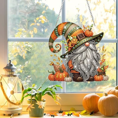NAIMOER Halloween Diamond Art Hanging Kits for Adults, Fall Gnome 5D Special Shaped Rhinestone, DIY Acrylic Diamond Art Painting Window Pendants Home Garden Wall Hanging Ornament Kits, Double Sided - color: Halloween Gnome
