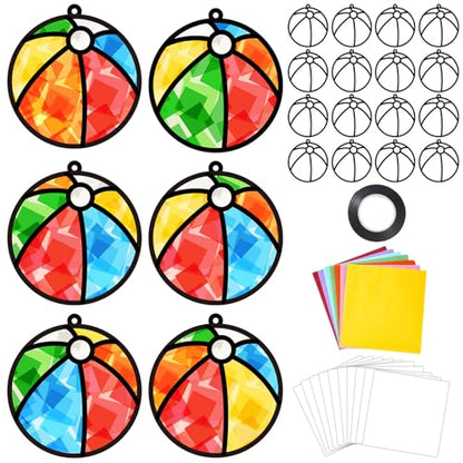 Qyeahkj 36 Set Beach Balls Suncatchers Craft for DIY Summer Party Paper Craft Kit Game Beach Balls Stained Glass Window Ornaments Decoration for Home Art Project Party Favor Gift - style: Beach Balls