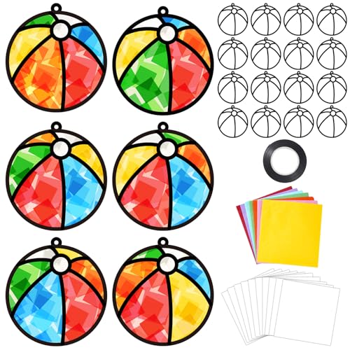 Qyeahkj 36 Set Beach Balls Suncatchers Craft for DIY Summer Party Paper Craft Kit Game Beach Balls Stained Glass Window Ornaments Decoration for Home Art Project Party Favor Gift - style: Beach Balls