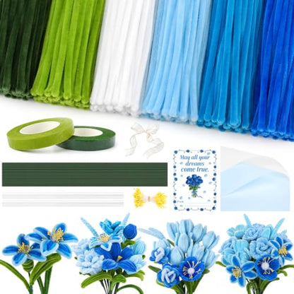 Anyeve Pipe Cleaners Flower Kit, 600 PCS Pipe Cleaners Craft for 6 Color, Easy to Bend and Fold, with a High Plush Density, Has Hot Melt Glue,Sturdy and Durable, for DIY Crafts and Bouquet Making - color: 600PCS-Blue