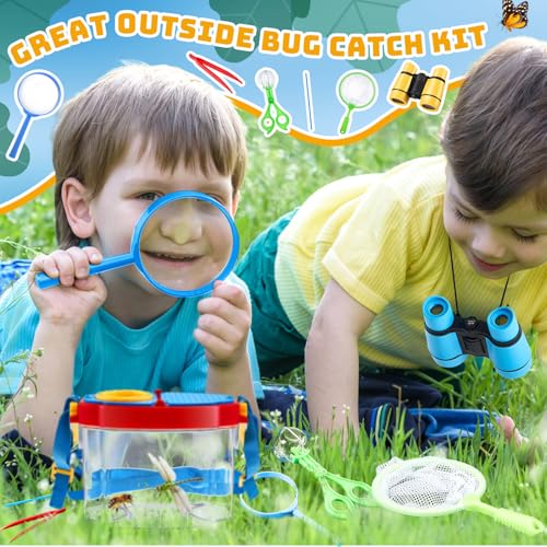VioraWhite 6 Sets Bug Catcher Kit for Kids Outdoor Explorer Kit Summer Bug Collection Kit with Kids Binoculars Butterfly Net Magnifying Glasses Tweezers Bug Observation Containers with Shoulder Strap