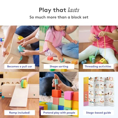 LOVEVERY | The Block Set | Solid Wood Building Blocks and Shapes + Wooden Storage Box, 70 Pieces, 18 Colors, 20+ Activities, Toddler Block Set and Converts into a Pull Car, Ages 12 to 48+ months