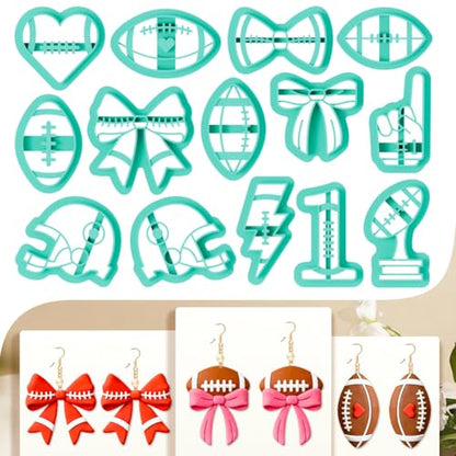 14Pcs Rugby Football Polymer Clay Cutters Bow Heart Polymer Cutter for Clay Earrings Making Festival Jewelry DIY - color: Rugby