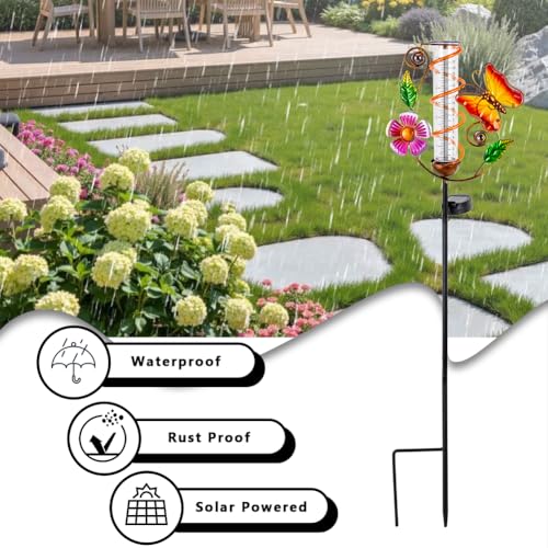Solar Rain Gauge Outdoor, Butterfly Rain Gauges for Yard - color: Yellow Butterfly