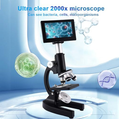 Microscope 40X-2500X Magnification with 4.3-inch Display, Wide-Angle 10X and 25X eyepieces, and Built-in 5-megapixel Camera for School Labs, Animal Husbandry (Black) - color: black
