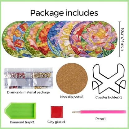 Leatrice 8 Pcs Diamond Art Coasters Small Diamond Painting Kits for Adults - color: AB Flower