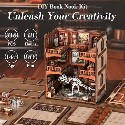Dinosaur Museum Book Nook Kit - 3D Wooden Puzzle & DIY Miniature Dollhouse with LED Warm Light | Vintage Bookshelf Insert & Sturdy Bookends | Premium Creative Gift for Adults& Book Lovers - style: Dinosaur Museum