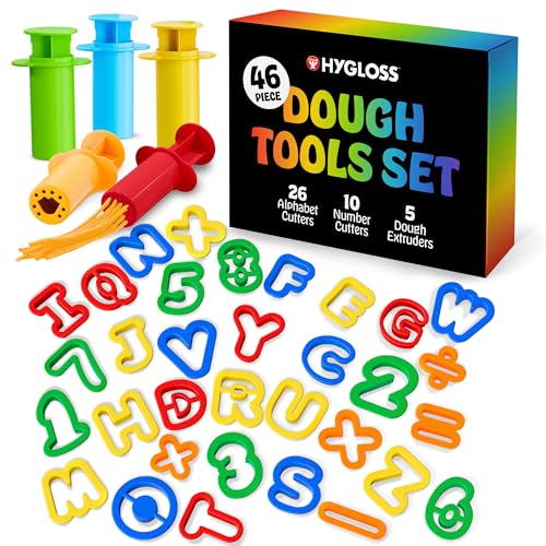 Hygloss 46 Pcs Dough Tools Set – Dough Extruders + Numbers & Alphabet Cutters Set – Educational Modeling Clay Tools – Preschool Toys & Toddler Activities – Arts & Crafts for Kids Ages 3-5 - color: Extruders + ABCs Numbers (46 pcs.)
