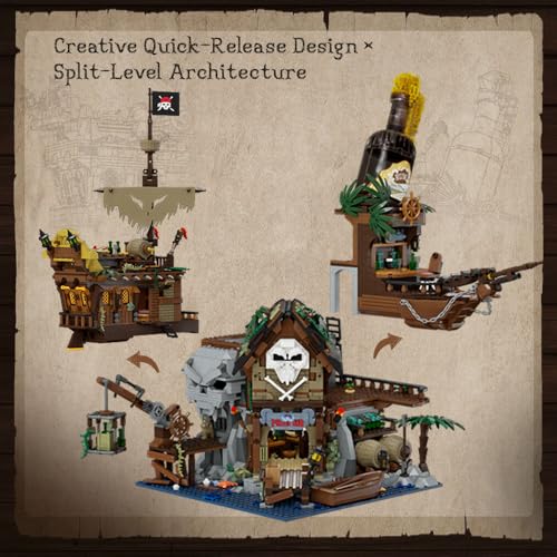 Epic Adventure Diorama Building Blocks Set – Wild West Gold Rush GBC Mining Machine & Pirate Shipwreck Tavern, Motorized Mechanical Display and Modular Nautical Pub for Adult Collectors