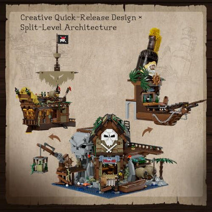 Epic Adventure Diorama Building Blocks Set – Wild West Gold Rush GBC Mining Machine & Pirate Shipwreck Tavern, Motorized Mechanical Display and Modular Nautical Pub for Adult Collectors