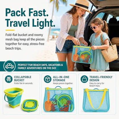 47pc Collapsible Beach Toys for Toddlers Kids ，Educational Sand Toys with Letter & Number Molds, Collapsible Bucket, Magnifying Glass, Mesh Bag -Travel Sandbox Toys for Boys Girls Age 3-10