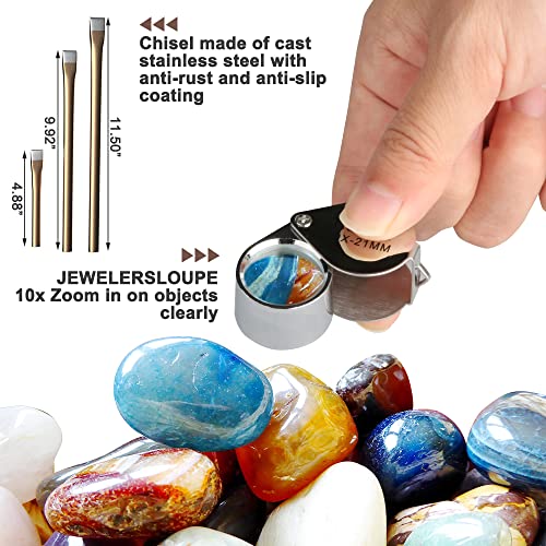 10PCS Geology Rock Pick Hammer Kit, Geology Hammer Tools,32oz Hammer & 3 PCS Digging Chisels Set for Rock Hounding, with Musette Bag, jewelers loupe,Safety Goggles,3Brushes.