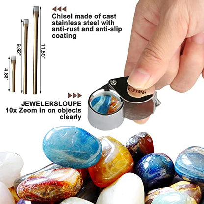 10PCS Geology Rock Pick Hammer Kit, Geology Hammer Tools,32oz Hammer & 3 PCS Digging Chisels Set for Rock Hounding, with Musette Bag, jewelers loupe,Safety Goggles,3Brushes.