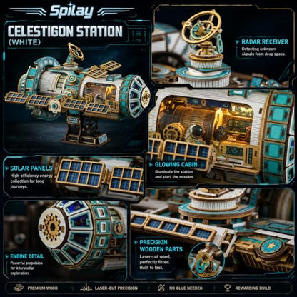 Spilay 3D Wooden Puzzle for Adults, Mechanical Wood Model Building Kit - color: Celestigon Station（white）