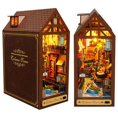 Flever Dollhouse DIY Book Nook Miniature Kit, Chinese Style Bookshelf Insert Decor, 3D Wooden Puzzle Booknook Miniature Kit for Creative Assembled Bookends (Leisure Years)