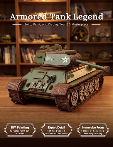 BOOZUU 3D Wooden Tank Puzzle with Rotating Turret for Adults