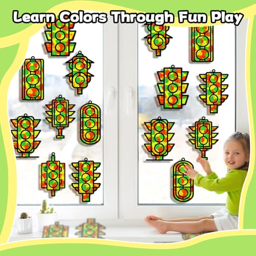 QOUBAI 32 Sets Traffic Light Suncatchers Craft Kit DIY Window Stained Glass Effect Traffic Lamp Paper Crafts Home School Classroom Decoration Kid Birthday Gift Creative Art Project Activity Game - style: Traffic Light