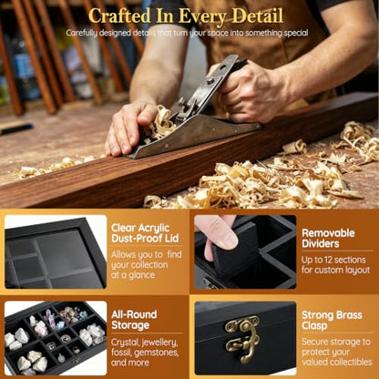 Adjustable Rock Collection Box, Wood Crystal Display Case for Gemstone - color: Black