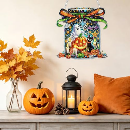 NAIMOER Halloween Diamond Art Hanging Kits for Adults, Ghost 5D Special Shaped Rhinestone, DIY Acrylic Diamond Art Painting Window Pendants Home Garden Wall Hanging Ornament Kits, Double Sided - color: Halloween Ghost Bottle