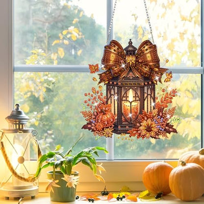 NAIMOER Fall Diamond Art Hanging Kits for Adults, Lantern 5D Special Shaped Rhinestone, DIY Acrylic Diamond Art Painting Window Pendants Home Garden Wall Hanging Ornament Kits, Double Sided - color: Lantern