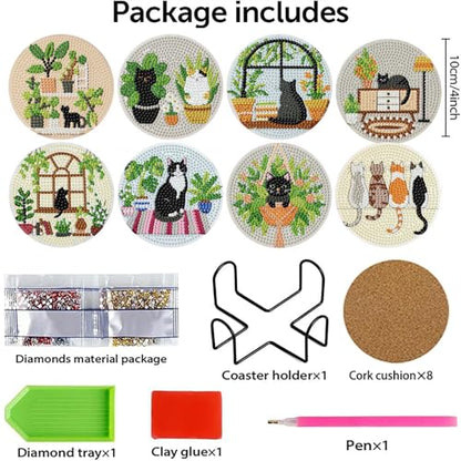 Xylogist 8 Pcs Cat Diamond Art Coasters with Holder 4X4 inch - color: Black Cat Coasters