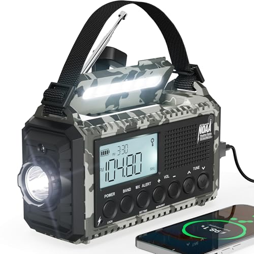 Mesqool Emergency Radio NOAA/AM/FM/SW, 12000mAh Battery Powered - color: Gray Camo