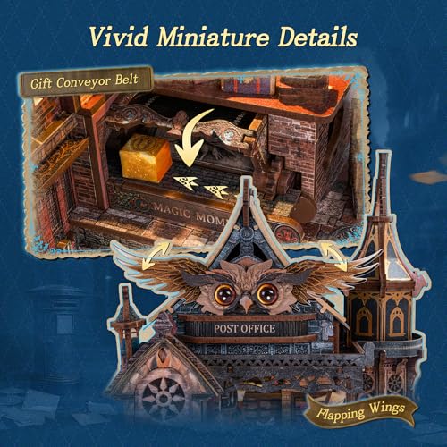 FUNPOLA LED 3D Wood Puzzle Owl Post Office, Dynamic Model with Mechanical Gears, DIY Miniature Kit with Music and LED Lights, Home Décor Gift for Adults