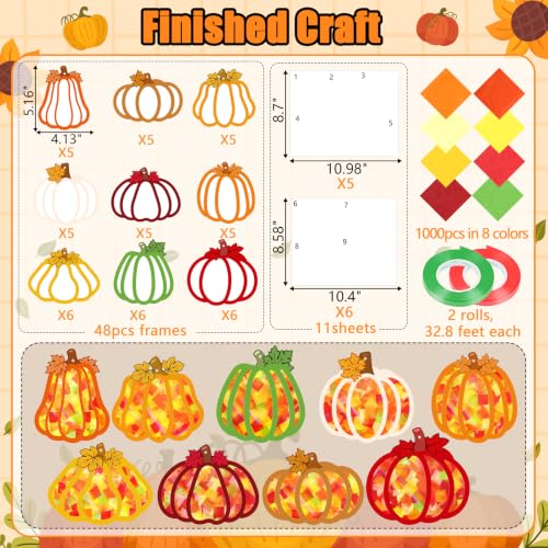 Renbuzhu 48PCS Fall Crafts Bulk: Pumpkin Paper Suncatchers DIY Kit for Autumn Thanksgiving Activities Decorations, Window Stained Glass Effect Art Supplies - style: pumpkin