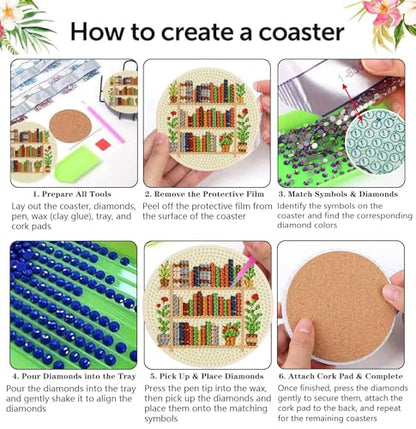 Diamond Art Coasters Kit, 8 Pieces Books Diamond Painting Coasters Kit - color: Bookshelf
