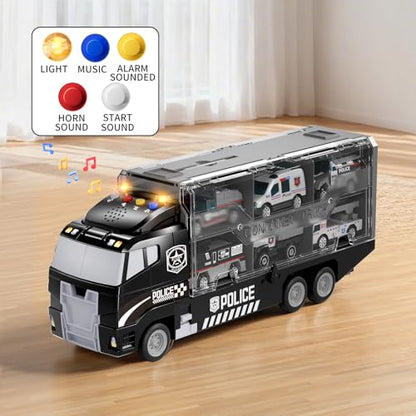 NIPLOOOW Kids Boys Toys for 3 4 5 6 Years Old, Police Truck Vehicle Toy Set with Play Mat and Die-Cast Toy Car, Transport Carrier Truck for Kids, Birthday Gifts Toys for 3 4 5 6 7 8+ Year Old Boys - style: Police truck