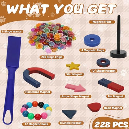 SAYAYA 228 PCS Magnetic Science Kit for Kids - Magnetic Balls, Bingo Wands with Chips, STEM Learning Set Magnet Toys for Classroom, Back to School Supplies, Educational Activities Gift for Boys Girls - size: 228 PCS