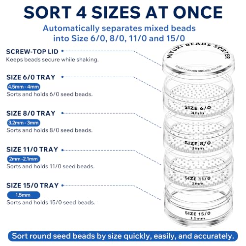 MIYUKI Beads Sorter for Round Rocaille Seed Beads, 4-Level Acrylic Bead Sifter with Size Labels 6/0 8/0 11/0 15/0, Seed Bead Organizer Tool for Jewelry Making, Bracelet Making & Craft Projects