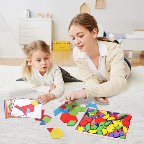 3 otters Wooden Pattern Blocks Shapes for Kids, Geometric Tangram Puzzle with Activity Cards, 150 PCS Educational Toy (Pack of 2) - size: Medium (Pack of 2)