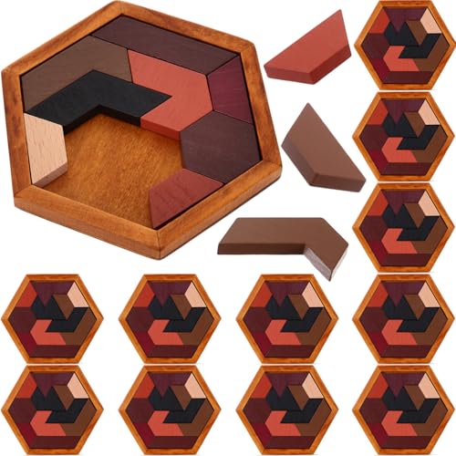 12 Pack Wooden Hexagon Tangram Puzzles Brain Teaser Logic Game
