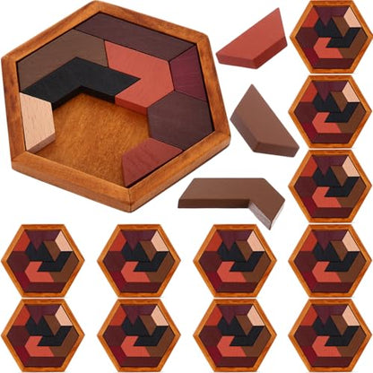 12 Pack Wooden Hexagon Tangram Puzzles Brain Teaser Logic Game