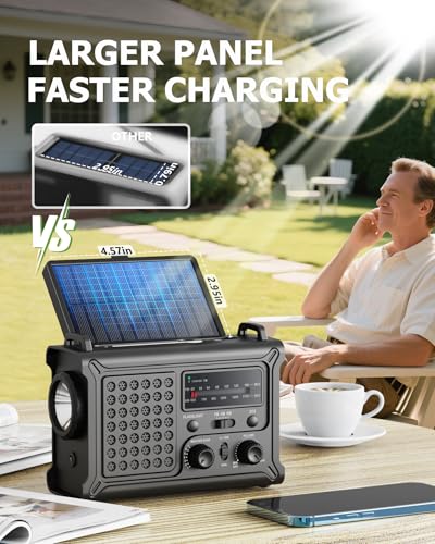 Emergency Weather Radio with Large Solar Panel, Real 12000mAh Battery - color: Black