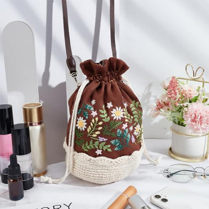 FREEBLOSS 10.6x5.5'' Embroidery Bucket Bag Flower Style Embroidery Kit with Instruction Cotton Embroidery Starter Kit for Beginners Adults