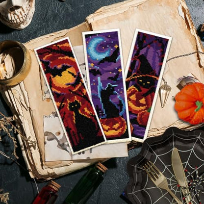 ACRNIGHEET 6PCS Cat Cross Stitch Bookmark Kit DIY Halloween Bookmarks Cross Stitch Kit for Adult Beginners Pumpkin Cross-Stitch Stamped Kits 8.7x3.1inch Stamped Embroidery Bookmark with Instructions - style: Halloween Patterns 1