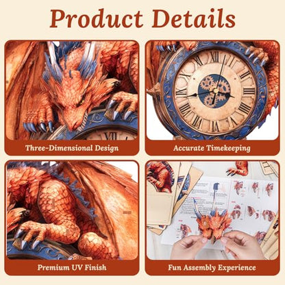3D Wooden Puzzle for Adults - Fiery Dragon Clock - color: Fiery Dragon