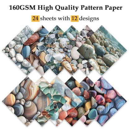 Scrapbook Paper, 24 Sheets 6"×6” 160gsm Single-Sided Patterned Cardstock - color: 24 sheets-colorful stones