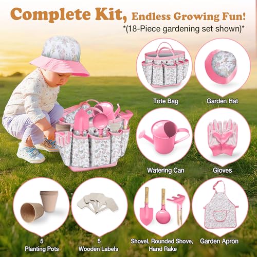 Kids Gardening Tool Set 18PCS Outdoor Toys Tote Bag Watering Can Apron Pink - color: Pink