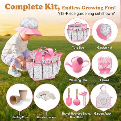 Kids Gardening Tool Set 18PCS Outdoor Toys Tote Bag Watering Can Apron Pink - color: Pink