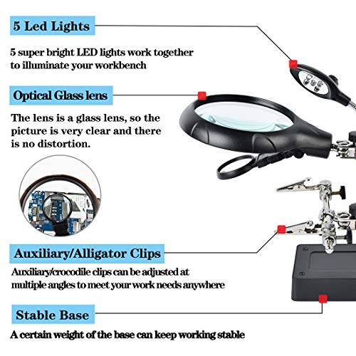 LED-lit Magnifying Glass Helping Hands Soldering Station, Alligator Clips