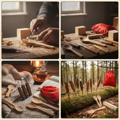 Therwen 27 Pcs Wood Carving Kit, 5 Pcs Wood Carving Tools with Storage Bag, Whittling Kit with 18Pcs Whittling Blocks and 4 pre Shaped Spoon Blanks and Drawstring Carry Bag for Crafts Beginners