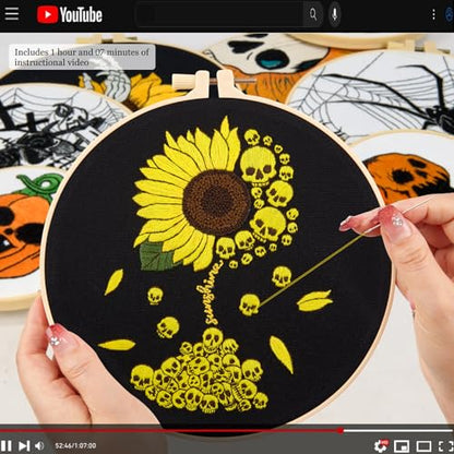 Halloween Gothic Embroidery Kits for Beginners Adults, Skull Hand Embroidery Needlepoint Kits, Sunflower Stamped Cross Stitch Kits for Beginners Adult, 3 Set Embroidery Hoops (Attached Video Tutorial) - color: Sunflower