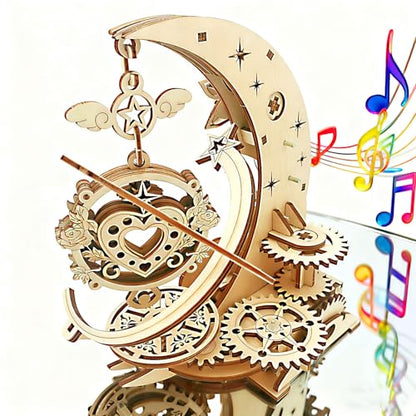 3D Wooden Puzzles for Adults Teens DIY Music Box Wood Model Kit Craft Kits - style: moon